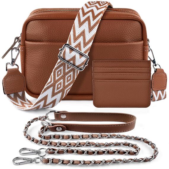 BROTOU Umhängetasche Damen Echtes Leder Crossbody Bag mit 2 Breitem Schultergurt Kartenhalter,Handtasche Leder Handy Umhängetasche Kleine Tasche Damen mit 3 Fächern(Rotbraun)