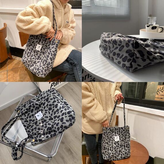 Bikasun Groß Umhängetasche Damen Cord Schultertasche Strandtasche Cord Tasche Crossbody Tasche Shopper Tote Bag Einkaufstasche Handtasche Shopper für Arbeit Einkaufen Schule Leopard Grau