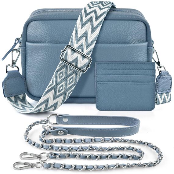 BROTOU Kleine Umhängetasche Echtes Leder Crossbody Bag Damen mit 2 Breitem Schultergurt Kartenhalter,Handtasche Leder Handy Umhängetasche Kleine Tasche Damen mit 3 Fächern(S-Marineblau)