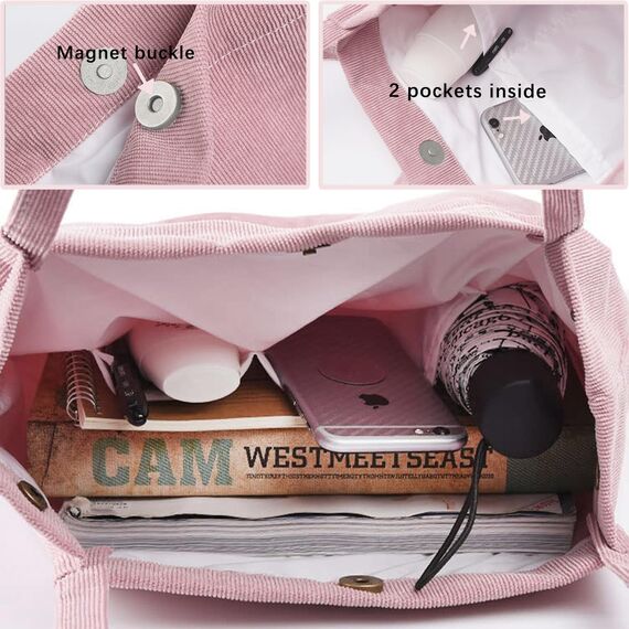 Bikasun Cord Umhängetasche Damen, Groß Schultertasche Cord Tasche Lässige Tote Bag Handtasche, Strandtasche Shopper Einkaufstasche, Stofftasche für Alltag, Büro, Schulausflug, Rosa