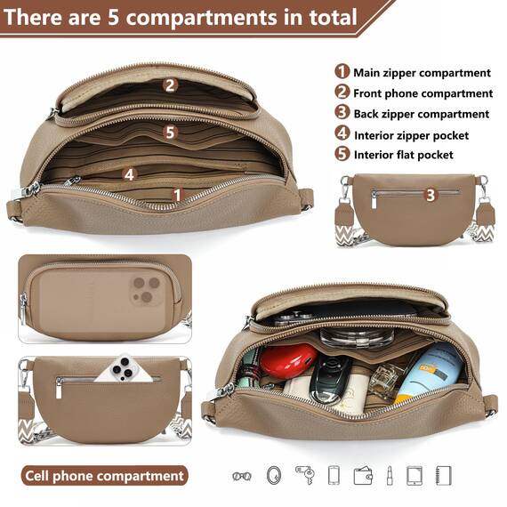 Rorimyth Bauchtasche Damen Khaki Umhängetasche Damen Klein Veganes Leder Handtasche Crossbody Bag Gürteltasche Brusttasche Hüfttasche