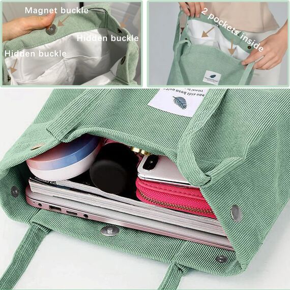 Bikasun Cord Umhängetasche Damen, Groß Schultertasche Cord Tasche Lässige Tote Bag Handtasche, Strandtasche Shopper Einkaufstasche, Stofftasche für Alltag, Büro, Schulausflug, Hellgrün