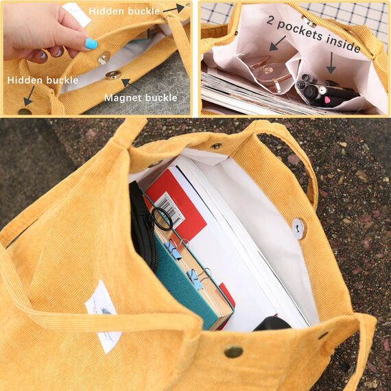 Bikasun Cord Umhängetasche Damen, Groß Schultertasche Cord Tasche Lässige Tote Bag Handtasche, Strandtasche Shopper Einkaufstasche, Stofftasche für Alltag, Büro, Schulausflug, Gelb