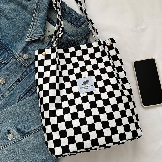 Bikasun Groß Umhängetasche Damen Cord Schultertasche Strandtasche Cord Tasche Crossbody Tasche Shopper Tote Bag Einkaufstasche Handtasche Shopper für Einkaufen Schule Schachbrettmuster