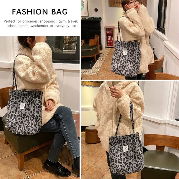 Bikasun Groß Umhängetasche Damen Cord Schultertasche Strandtasche Cord Tasche Crossbody Tasche Shopper Tote Bag Einkaufstasche Handtasche Shopper für Arbeit Einkaufen Schule Leopard Grau