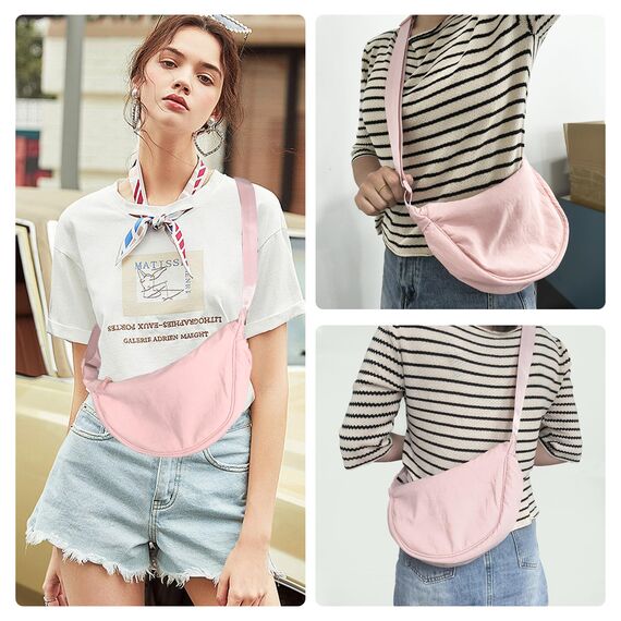 GoPaw Damen Halbmond Crossbody Schultertasche, Hobo Halfmoon Bag, Nylon Crossbody Bag Damen Halbmond Schultertasche mit verstellbarer Schultergurt, Einfarbige(Hellrosa)