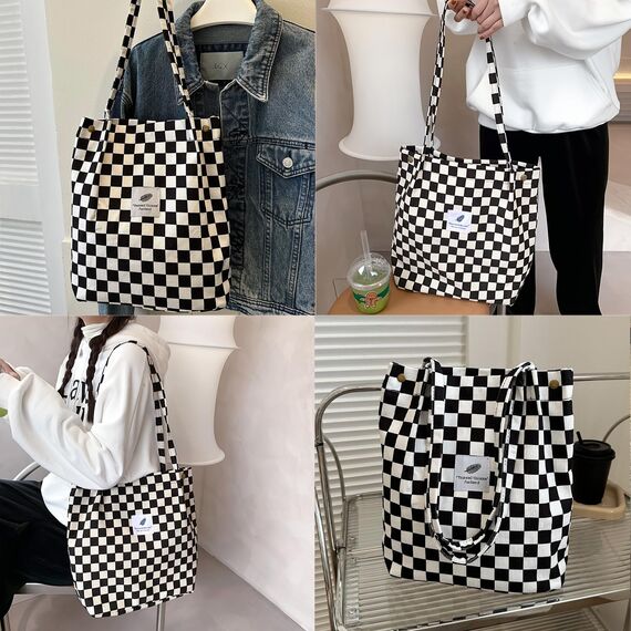 Bikasun Groß Umhängetasche Damen Cord Schultertasche Strandtasche Cord Tasche Crossbody Tasche Shopper Tote Bag Einkaufstasche Handtasche Shopper für Einkaufen Schule Schachbrettmuster