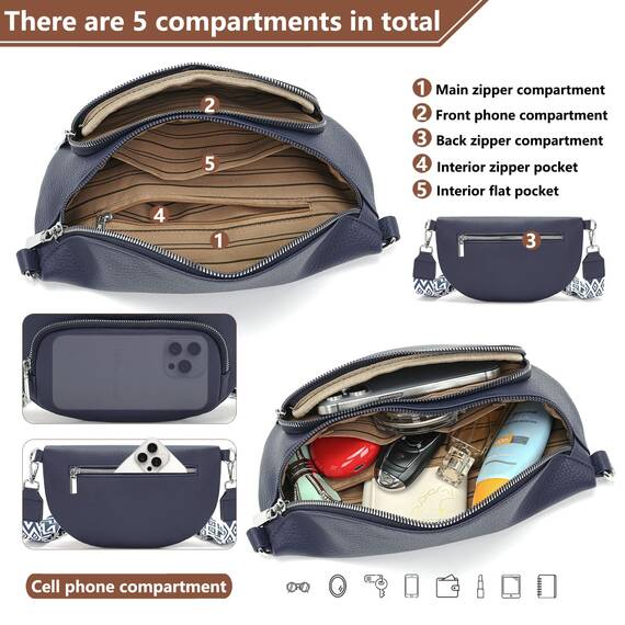 Rorimyth Bauchtasche Damen Dunkelblau Umhängetasche Damen Klein Veganes Leder Handtasche Crossbody Bag Gürteltasche Brusttasche Hüfttasche
