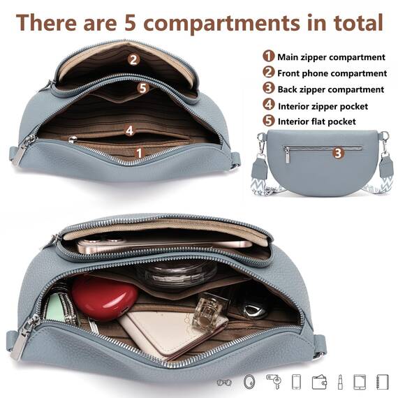 Rorimyth kleine Bauchtasche Damen Graublau umhängetasche Damen klein Veganes Leder gürteltasche Handtasche Crossbody Bag
