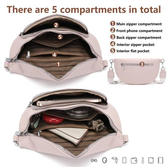 Rorimyth kleine Bauchtasche Damen Hellrosa umhängetasche Damen klein Veganes Leder gürteltasche Handtasche Crossbody Bag