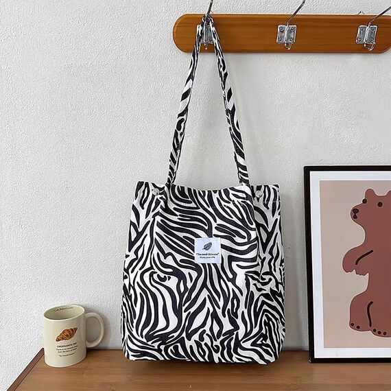 Bikasun Groß Umhängetasche Damen Cord Schultertasche Strandtasche Cord Tasche Crossbody Tasche Shopper Tote Bag Einkaufstasche Handtasche Shopper für Arbeit Einkaufen Schule Zebras