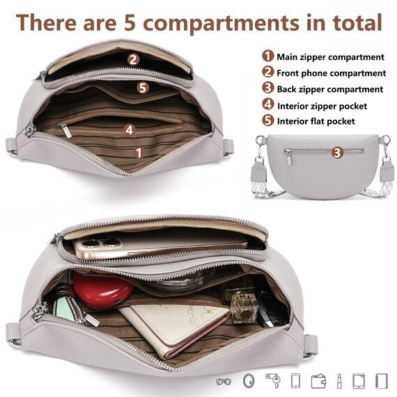 Rorimyth kleine Bauchtasche Damen Hellgrau umhängetasche Damen klein Veganes Leder gürteltasche Handtasche Crossbody Bag