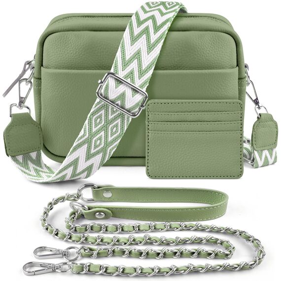 BROTOU Umhängetasche Damen Echtes Leder,Crossbody Bag Damen mit 2 Breitem Schultergurt Kartenhalter,Handtasche Leder Small handbag,Kleine Tasche Damen mit 3 Fächern (S-Grün)