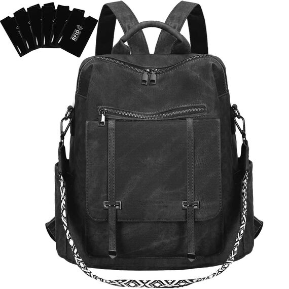 Leathario Rucksakck Damen Wasserdicht,Veganes Leder Cityrucksack,Rucksackhandtasche Mittelgroß, Diebstahlsich Tagesrucksack für Büro,Pendeln,Arbeit,Leicht Elegant Backpack Women Groß für Reise,Schwarz