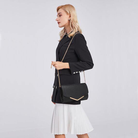 Miss Lulu Damen Umschlag Schwarz Clutch Elegant Abendtasche Brauttasche Umschlag Clutch Tasche Handtasche mit Kette für Hochzeit Party Prom