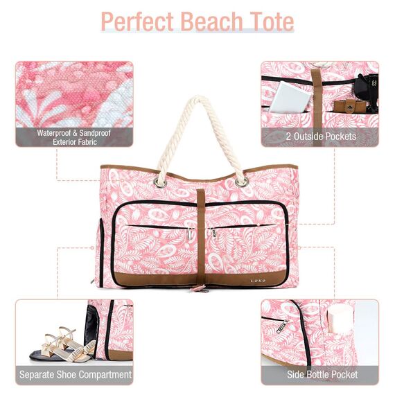 Lekespring Strandtasche Damen Groß mit Reißverschluss, Vielseitiger Damen Shopper Badetasche Saunatasche Reisetasche Tote Bag für Strand Reisen Einkaufen Sport u.Arbeit (Rosa Weidenzweig)