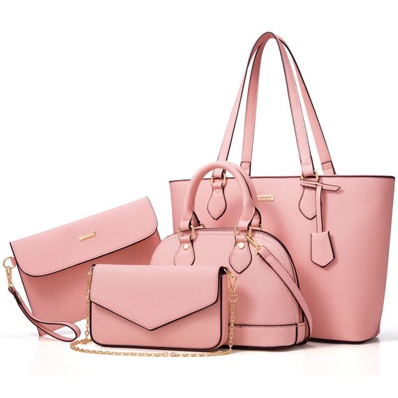 Bagsure Handtasche Damen Schultertasche Handtaschen Tragetasche Damen 4-teiliges Set für Büro Schule Einkauf Reise Geschenk (Rosa)