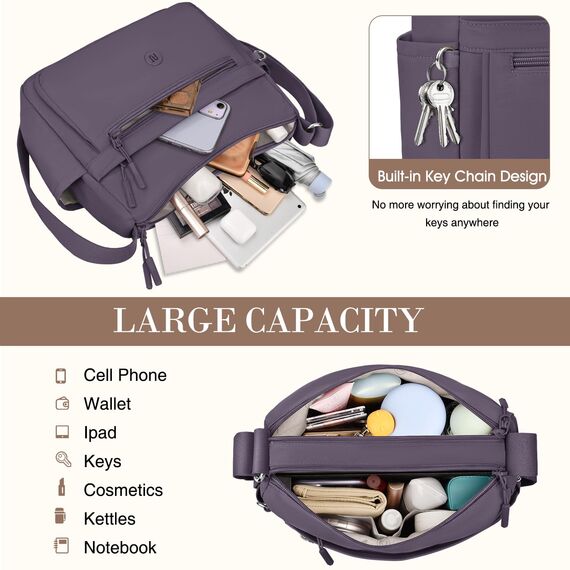 VOBUKE Umhängetasche Damen Mittelgroß Wasserdicht Nylon Crossbody Bag mit Vielen Fächern Leichte Schultertasche Verstellbarer Breitem Freizeit Kleine Messenger Bag für Einkaufen, Reisen