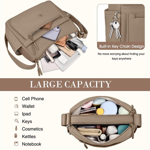 VOBUKE Umhängetasche Damen Mittelgroß Wasserdicht Nylon Crossbody Bag mit Vielen Fächern Leichte Schultertasche Verstellbarer Breitem Freizeit Kleine Messenger Bag für Einkaufen, Reisen