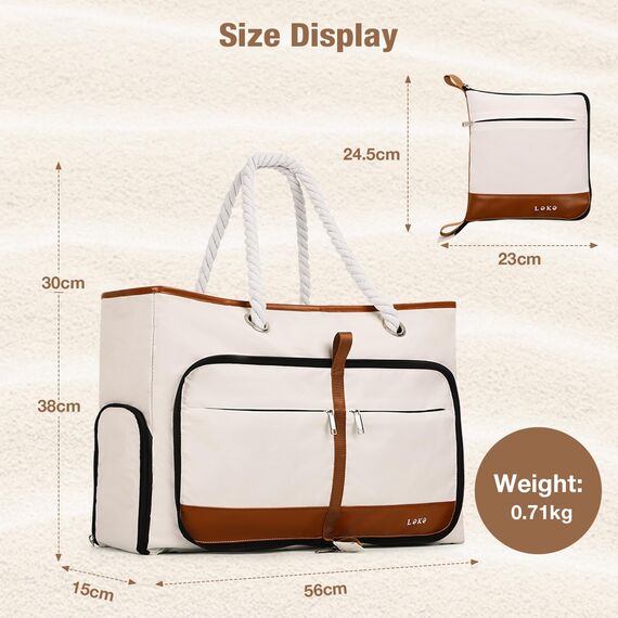 Lekespring Strandtasche Damen Groß mit Reißverschluss, Vielseitiger Damen Shopper Badetasche Saunatasche Reisetasche Tote Bag für Strand Reisen Einkaufen Sport u.Arbeit (Beige)
