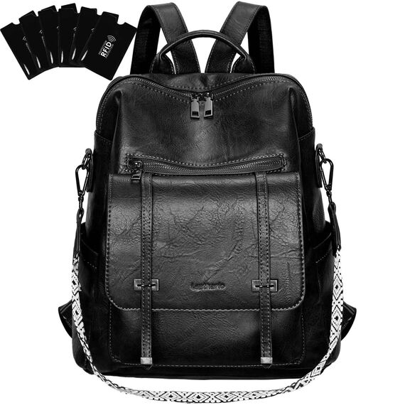 Leathario Rucksakck Damen Wasserdicht,Veganes Leder Cityrucksack,Rucksackhandtasche Mittelgroß, Diebstahlsich Tagesrucksack für Büro,Pendeln,Arbeit,Leicht Elegant Backpack Women Groß für Reise,Schwarz