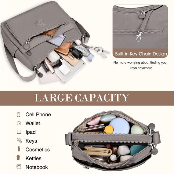 VOBUKE Umhängetasche Damen Mittelgroß Wasserdicht Nylon Crossbody Bag mit Vielen Fächern Leichte Schultertasche Verstellbarer Breitem Freizeit Kleine Messenger Bag für Einkaufen, Reisen