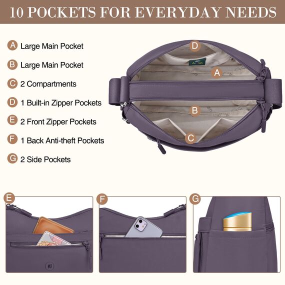 VOBUKE Umhängetasche Damen Mittelgroß Wasserdicht Nylon Crossbody Bag mit Vielen Fächern Leichte Schultertasche Verstellbarer Breitem Freizeit Kleine Messenger Bag für Einkaufen, Reisen