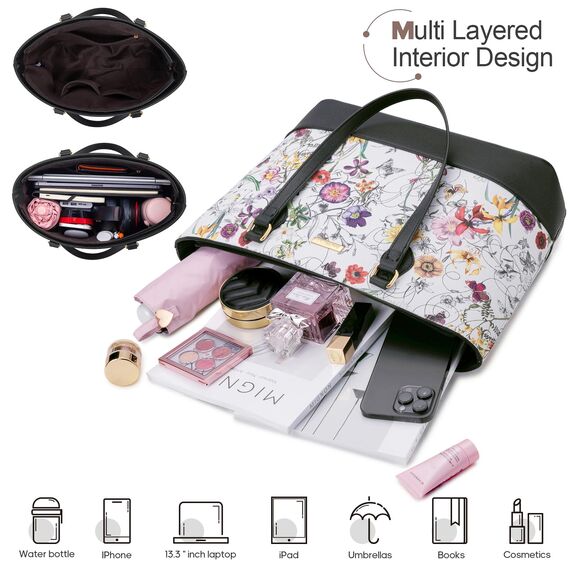Bagsure Handtasche Damen Schultertasche Handtaschen Tragetasche Damen 4-teiliges Set für Büro Schule Einkauf Reise Geschenk (Blumen)