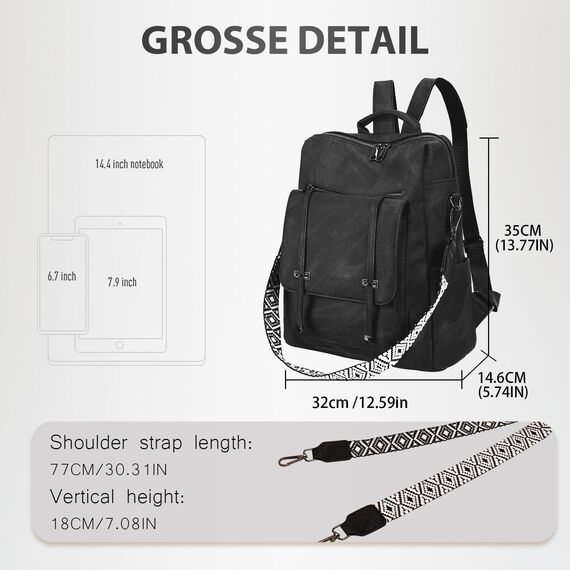 Leathario Rucksakck Damen Wasserdicht,Veganes Leder Cityrucksack,Rucksackhandtasche Mittelgroß, Diebstahlsich Tagesrucksack für Büro,Pendeln,Arbeit,Leicht Elegant Backpack Women Groß für Reise,Schwarz