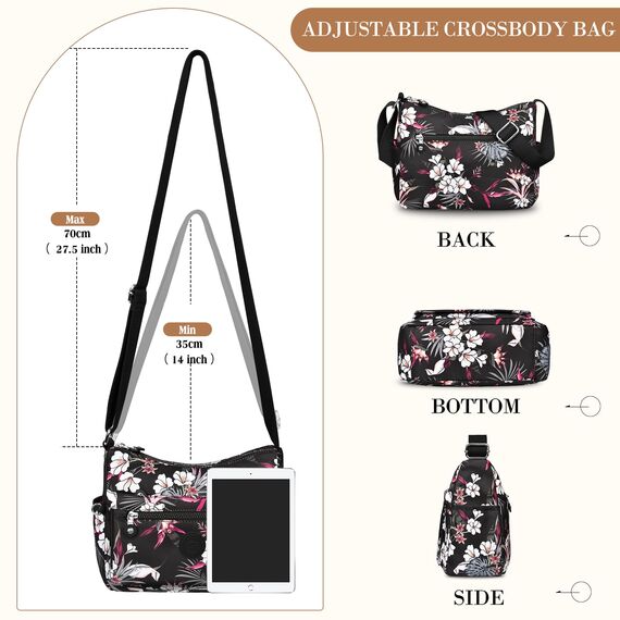 VOBUKE Umhängetasche Damen Mittelgroß Wasserdicht Nylon Crossbody Bag mit Vielen Fächern Leichte Schultertasche Verstellbarer Breitem Freizeit Kleine Messenger Bag für Einkaufen, Reisen