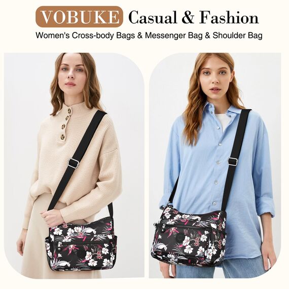 VOBUKE Umhängetasche Damen Mittelgroß Wasserdicht Nylon Crossbody Bag mit Vielen Fächern Leichte Schultertasche Verstellbarer Breitem Freizeit Kleine Messenger Bag für Einkaufen, Reisen