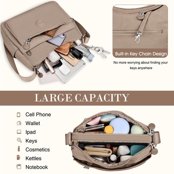 VOBUKE Umhängetasche Damen Mittelgroß Wasserdicht Nylon Crossbody Bag mit Vielen Fächern Leichte Schultertasche Verstellbarer Breitem Freizeit Kleine Messenger Bag für Einkaufen, Reisen