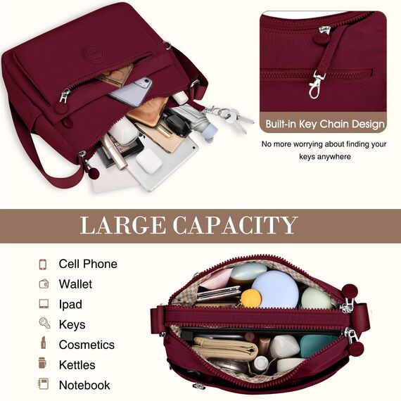 VOBUKE Umhängetasche Damen Mittelgroß Wasserdicht Nylon Crossbody Bag mit Vielen Fächern Leichte Schultertasche Verstellbarer Breitem Freizeit Kleine Messenger Bag für Einkaufen, Reisen