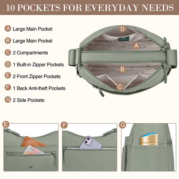 VOBUKE Umhängetasche Damen Mittelgroß Wasserdicht Nylon Crossbody Bag mit Vielen Fächern Leichte Schultertasche Verstellbarer Breitem Freizeit Kleine Messenger Bag für Einkaufen, Reisen