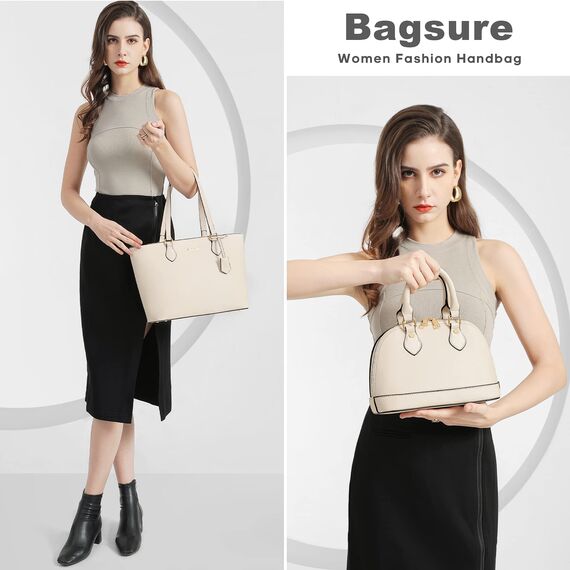 Bagsure Handtasche Damen Schultertasche Handtaschen Tragetasche Damen 4-teiliges Set für Büro Schule Einkauf Reise Geschenk (Beige)
