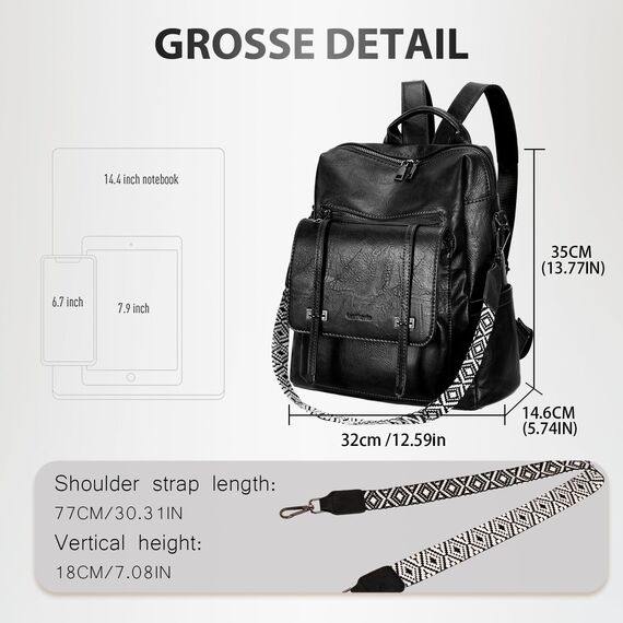 Leathario Rucksakck Damen Wasserdicht,Veganes Leder Cityrucksack,Rucksackhandtasche Mittelgroß, Diebstahlsich Tagesrucksack für Büro,Pendeln,Arbeit,Leicht Elegant Backpack Women Groß für Reise,Schwarz