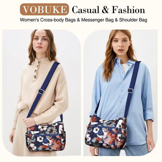 VOBUKE Umhängetasche Damen Mittelgroß Wasserdicht Nylon Crossbody Bag mit Vielen Fächern Leichte Schultertasche Verstellbarer Breitem Freizeit Kleine Messenger Bag für Einkaufen, Reisen
