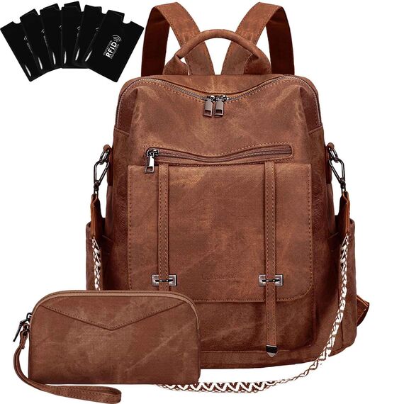 Leathario Rucksakck Damen Set Wasserdicht,Veganes Leder Cityrucksack,Rucksackhandtasche Mittelgroß, Diebstahlsich Tagesrucksack für Büro,Pendeln,Arbeit,Leicht Elegant Backpack Women Groß für Reise