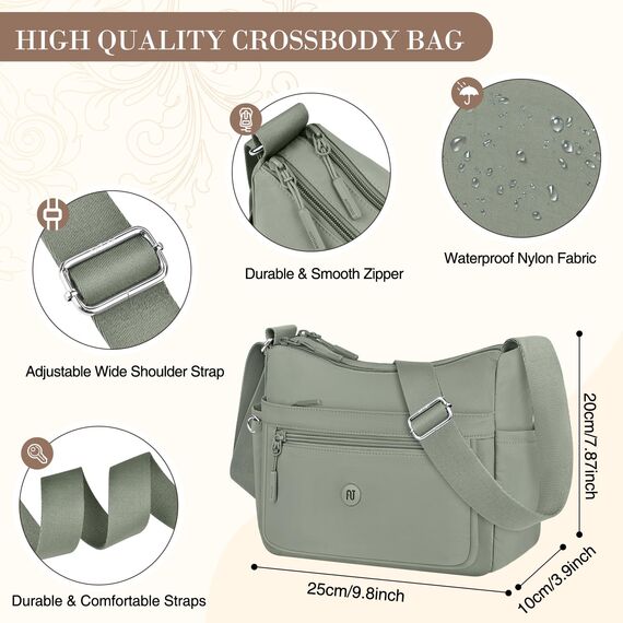 VOBUKE Umhängetasche Damen Mittelgroß Wasserdicht Nylon Crossbody Bag mit Vielen Fächern Leichte Schultertasche Verstellbarer Breitem Freizeit Kleine Messenger Bag für Einkaufen, Reisen