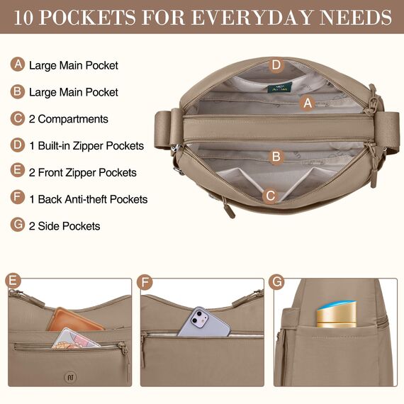 VOBUKE Umhängetasche Damen Mittelgroß Wasserdicht Nylon Crossbody Bag mit Vielen Fächern Leichte Schultertasche Verstellbarer Breitem Freizeit Kleine Messenger Bag für Einkaufen, Reisen