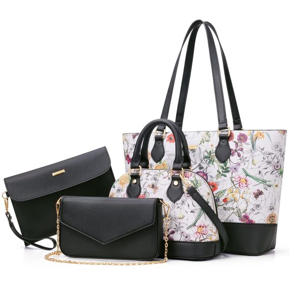 Bagsure Handtasche Damen Schultertasche Handtaschen Tragetasche Damen 4-teiliges Set für Büro Schule Einkauf Reise Geschenk (Blumen)