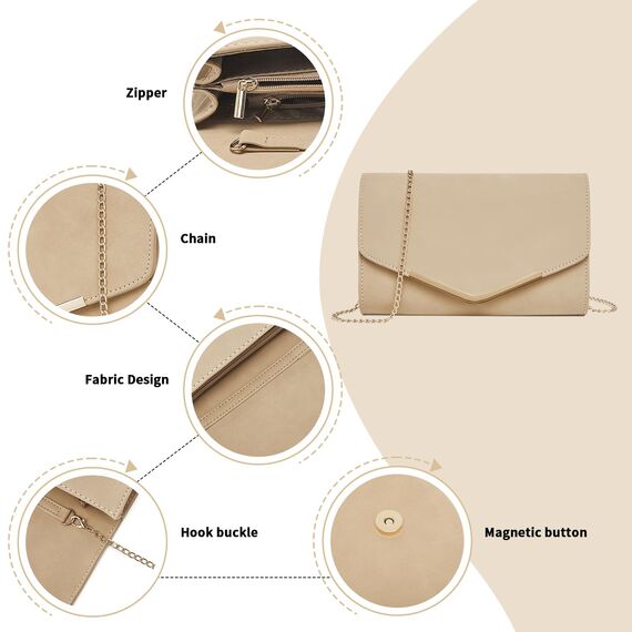 Miss Lulu Damen Umschlag Clutch Elegant Abendtasche Brauttasche Umschlag Clutch Tasche Handtasche mit Kette für Hochzeit Party Prom Helles Khaki