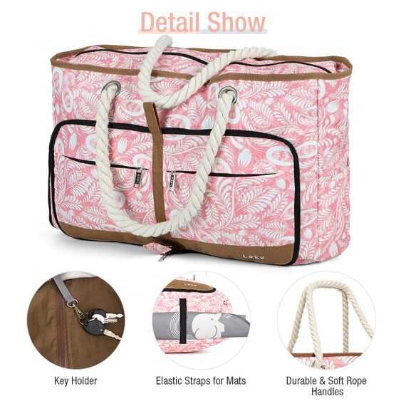 Lekespring Strandtasche Damen Groß mit Reißverschluss, Vielseitiger Damen Shopper Badetasche Saunatasche Reisetasche Tote Bag für Strand Reisen Einkaufen Sport u.Arbeit (Rosa Weidenzweig)
