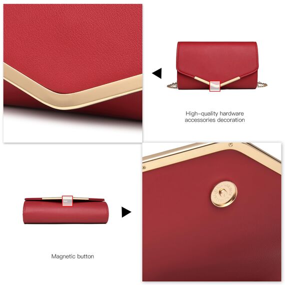 Miss Lulu Damen Umschlag Clutch Elegant Abendtasche Brauttasche Umschlag Clutch Tasche Handtasche mit Kette für Hochzeit Party Prom Rot