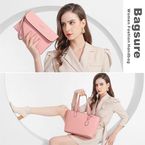 Bagsure Handtasche Damen Schultertasche Handtaschen Tragetasche Damen 4-teiliges Set für Büro Schule Einkauf Reise Geschenk (Rosa)