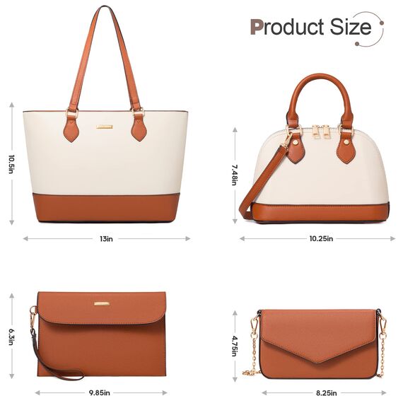 Bagsure Handtasche Damen Schultertasche Handtaschen Tragetasche Damen 4-teiliges Set für Büro Schule Einkauf Reise Geschenk (Braun Beige)