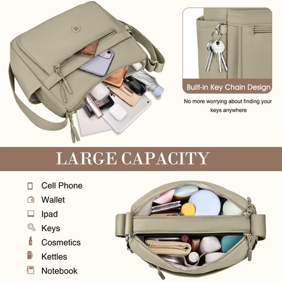 VOBUKE Umhängetasche Damen Mittelgroß Wasserdicht Nylon Crossbody Bag mit Vielen Fächern Leichte Schultertasche Verstellbarer Breitem Freizeit Kleine Messenger Bag für Einkaufen, Reisen
