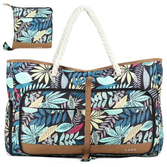 Lekespring Strandtasche Damen Groß mit Reißverschluss, Vielseitiger Damen Shopper Badetasche Saunatasche Reisetasche Tote Bag für Strand Reisen Einkaufen Sport u.Arbeit (Blauer Dschungel)