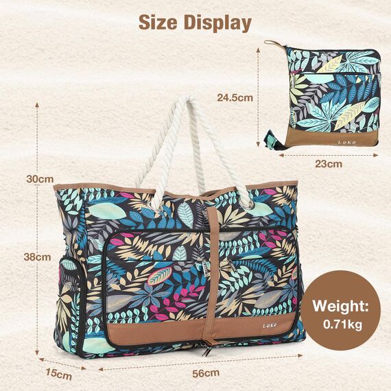 Lekespring Strandtasche Damen Groß mit Reißverschluss, Vielseitiger Damen Shopper Badetasche Saunatasche Reisetasche Tote Bag für Strand Reisen Einkaufen Sport u.Arbeit (Blauer Dschungel)