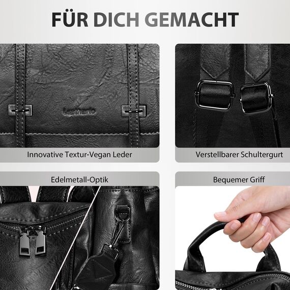 Leathario Rucksakck Damen Wasserdicht,Veganes Leder Cityrucksack,Rucksackhandtasche Mittelgroß, Diebstahlsich Tagesrucksack für Büro,Pendeln,Arbeit,Leicht Elegant Backpack Women Groß für Reise,Schwarz